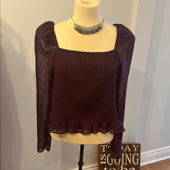 EXPRESS Purple Sparkle Long Sleeve Elastic Smocked Puff Shoulder Blouse XL - Picture 2 of 12